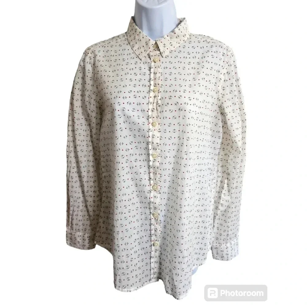 United Colors of Benetton Women’s S Button Up Ivory Anchor Print Shirt Coastal - Picture 2 of 8
